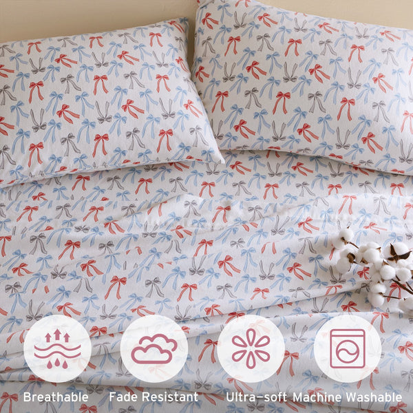 JLA Home Intelligent Design - 100% Cotton Flannel Sheet Set – Ultra-Soft 135gsm Pigment Print for Warmth, Breathable Comfort & Lasting Color Happy Bows ID20-2500