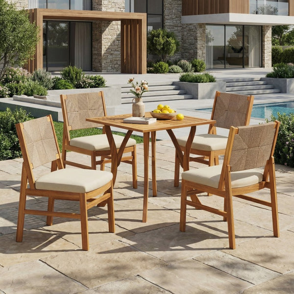English Elm 5 Piece Acacia Wood Outdoor Dining Set Square Teak Finish Wicker Chairs Patio N773OD00083B