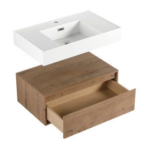 English Elm 30 Inch Wall-Mounted Bathroom Vanity With Resin Sink & Soft Close Drawers - Modern Storage Solution W999S00354