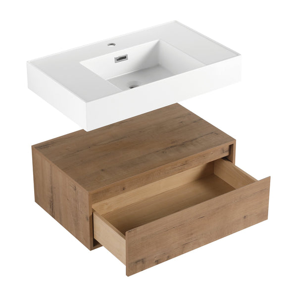 English Elm 30 Inch Wall-Mounted Bathroom Vanity With Resin Sink & Soft Close Drawers - Modern Storage Solution W999S00354