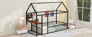 English Elm Twin House Bed Frame with Roof & Fence, Metal Twin Loft with Built-In Desk Shelves USB Outlets Black N737P173490B