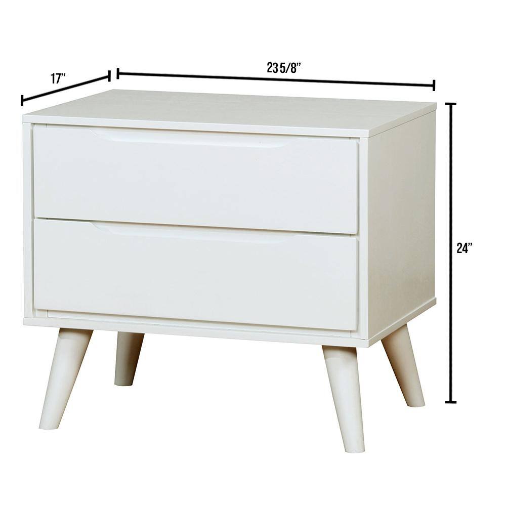 English Elm Mid-Century White Nightstand with Solid Wood Veneer, 2-Drawer Bedside Table, Tapered Round Legs, Recessed Handles B011P218338