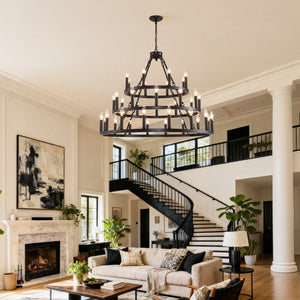 English Elm 39.37 Inch Three Tier Wagon Wheel Chandelier 36 Light Black Metal for High Ceilings W5008P392646