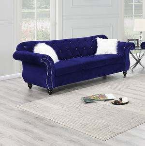 English Elm Formal Velvet Tufted Sofa with Silver Nailhead Trim and Rolled Arms — Elegant 93"L Living Room Statement piece Indigo 34 L x 34 W x 16 H B011S01694