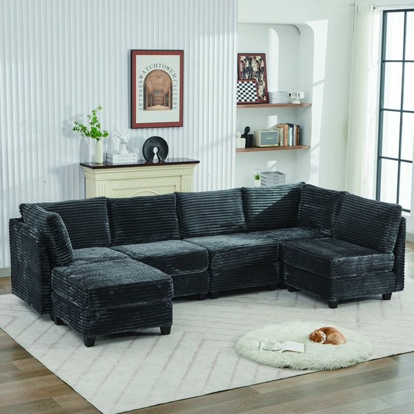 English Elm Corduroy Plush U-Shaped Sectional Sofa with Storage Ottoman, Pet-Friendly Durable Modular Comfort Grey W2915S00064