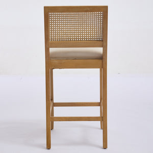 English Elm Full Solid Wood Rattan-Back Bar Stools Set Of 2 - Stylish Beige Cushions For Rustic Kitchen & Café W1143P384367