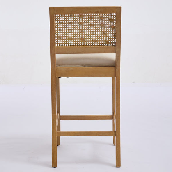 English Elm Full Solid Wood Rattan-Back Bar Stools Set Of 2 - Stylish Beige Cushions For Rustic Kitchen & Café W1143P384367