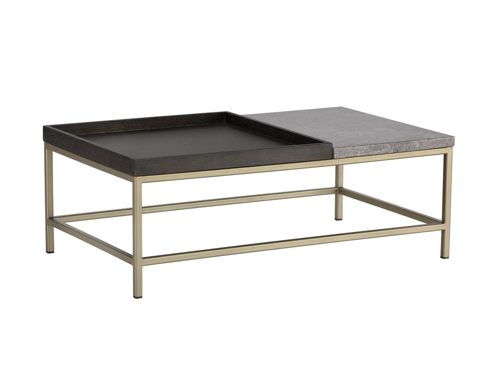 Sunpan Arden Rustic Coffee Table with Grey Marble Top, Solid Oak Tray, and Sleek Gold Iron Frame, 39.5"