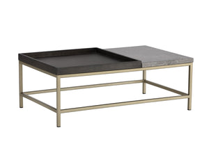 Sunpan Arden Rustic Coffee Table with Grey Marble Top, Solid Oak Tray, and Sleek Gold Iron Frame, 39.5"