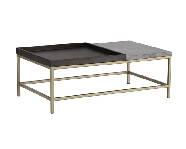 Sunpan Arden Rustic Coffee Table with Grey Marble Top, Solid Oak Tray, and Sleek Gold Iron Frame, 39.5"