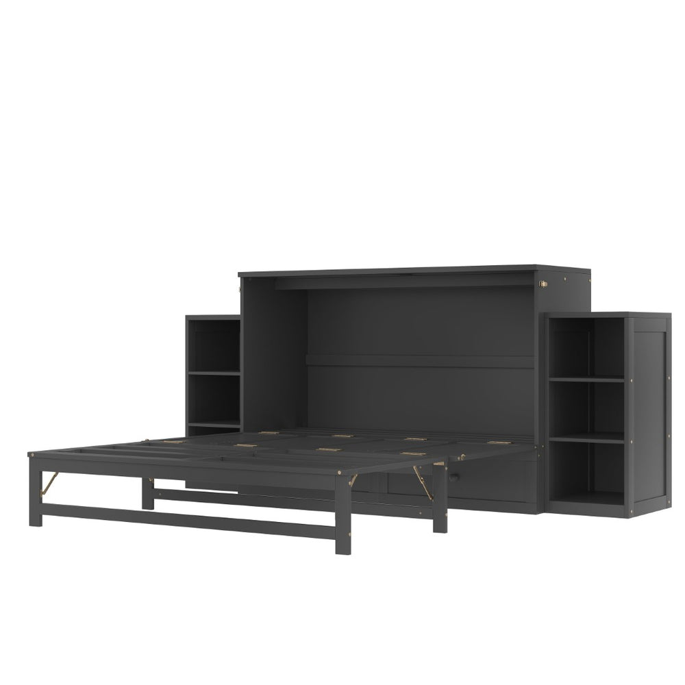 English Elm Queen Vintage Dark Gray Murphy Bed With Storage Drawers & Shelves - Perfect For Compact Spaces! W1580S00257-GIGA