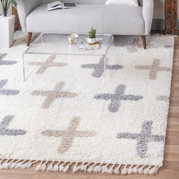 Unique Loom Hygge Shag Positive Machine Made Geometric Rug Ivory, Beige/Gray 8' 0" x 8' 0"