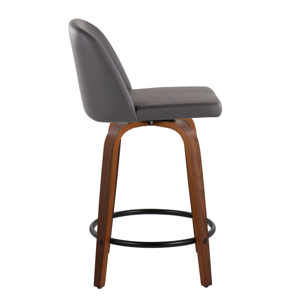 English Elm Toriano 24" Mid-Century Modern Swivel Counter Stool Set of 2 — Walnut Bent Wood Legs & Faux Leather Upholstery, Black Footrest, Comfortable Seating (Fixed Height) Grey B202S00128