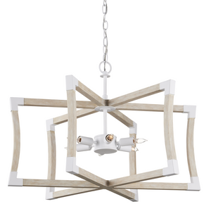 Bastian Sandstone Lantern - Elegant Arts & Crafts Inspired Chandelier in Sugar White and Wood Finish