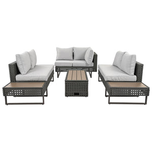 English Elm K&K 6-Pers Diamond Weave Patio Sectional Set with Thick Cushions, Extendable Ice Coffee Table, UV-Resistant Wicker Grey+Brown+Yellow N707S000013G