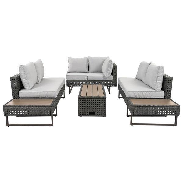 English Elm K&K 6-Pers Diamond Weave Patio Sectional Set with Thick Cushions, Extendable Ice Coffee Table, UV-Resistant Wicker Grey+Brown+Yellow N707S000013G