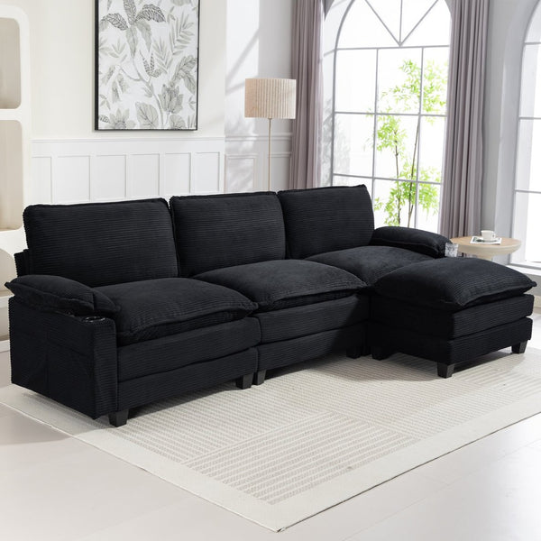 English Elm Modern Black Corduroy L-shaped Sectional with Ottoman for Spacious Living Rooms W2715P382263