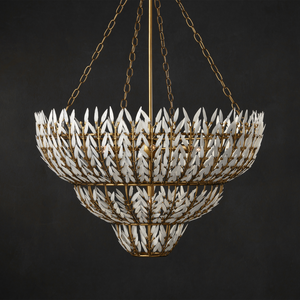 Magnum Opus Chandelier: Elegant Three-Tier Brass Fixture with Stunning White Glass Leaves Design