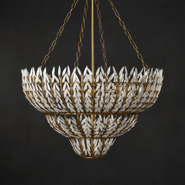 Magnum Opus Chandelier: Elegant Three-Tier Brass Fixture with Stunning White Glass Leaves Design