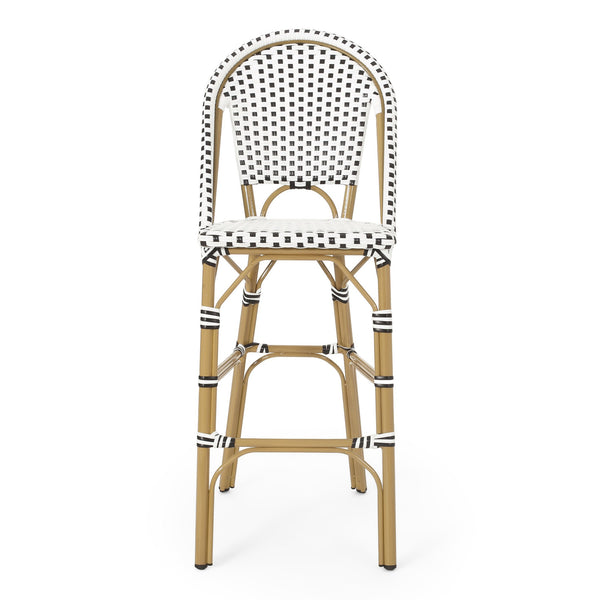 English Elm Christopher Knight Home® - 29.5" Outdoor PE Rattan French Barstool with Bamboo-Print Aluminum Frame, Durable Wicker Cafe Charm White+Black 71422.00BWHI