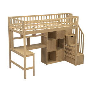 English Elm Wood Twin Loft Bed with Built-In L-Desk, LED Lighting, Staircase Storage, Shelves & Cabinets Walnut N7090000470D