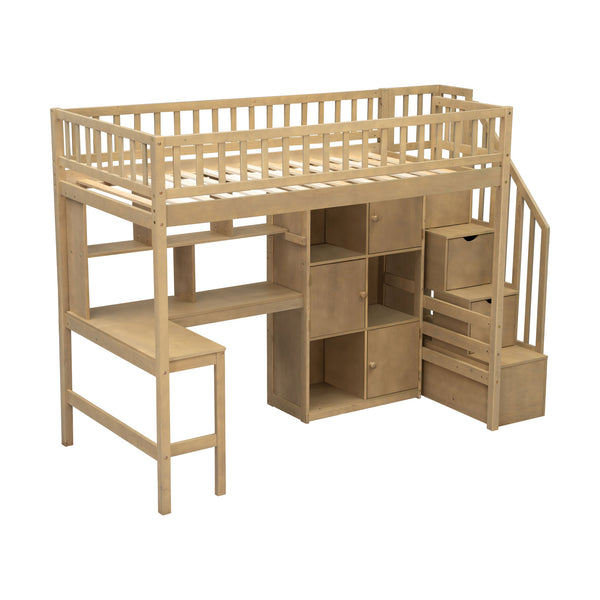 English Elm Wood Twin Loft Bed with Built-In L-Desk, LED Lighting, Staircase Storage, Shelves & Cabinets Walnut N7090000470D