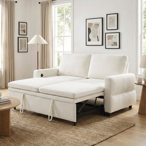 English Elm Convertible Chenille Sleeper Loveseat with Usb Ports and Reclining Backrest for Small Spaces Beige N719P390439A