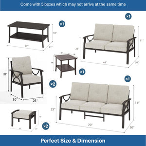 English Elm 8-piece Outdoor Conversation Set 9 Seat Steel Patio Sofa with Thick Cushions Tables Beige B082S00118