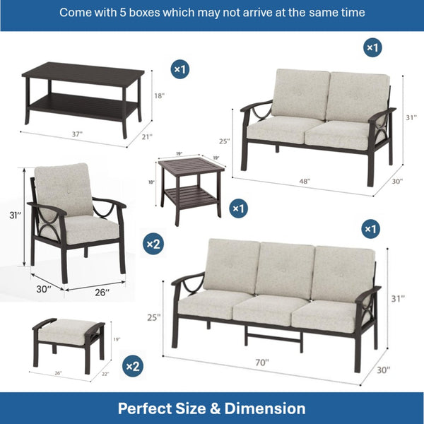English Elm 8-piece Outdoor Conversation Set 9 Seat Steel Patio Sofa with Thick Cushions Tables Beige B082S00118
