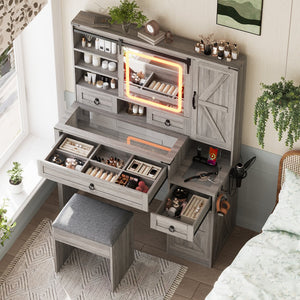 English Elm Farmhouse LED Vanity Desk with Sliding Mirror, Glass Top Storage, Built-In Charging Station & Stool Gray 37 L x 18.5 W x 13 H N733P340562G