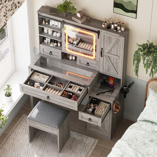 English Elm Farmhouse LED Vanity Desk with Sliding Mirror, Glass Top Storage, Built-In Charging Station & Stool Gray 37 L x 18.5 W x 13 H N733P340562G
