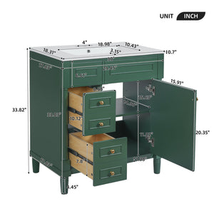 English Elm 30" Bathroom Vanity with Sink — Freestanding Modern Cabinet with Soft-Close Door, 2 Deep Drawers, Durable Basin Green N710P288938F