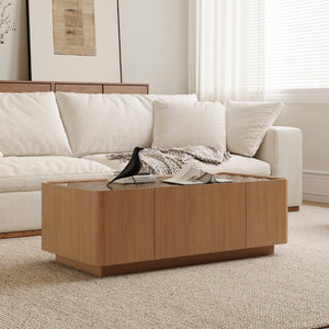 English Elm 46.8" Mid-century Walnut Coffee Table Tempered Glass Top with Concealed Drawers W2263P458487