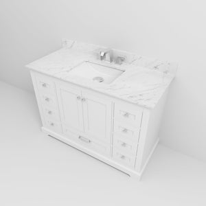 English Elm White Single Bath Vanity 48" W x 22" D with Carrara Marble Top, Chrome Faucet, Soft-Close Storage B2731P258345
