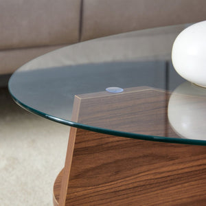 English Elm Oval Tempered Glass Coffee Table with Wood Grain Legs and Built-in Fan Tray Shelf W1151P256008