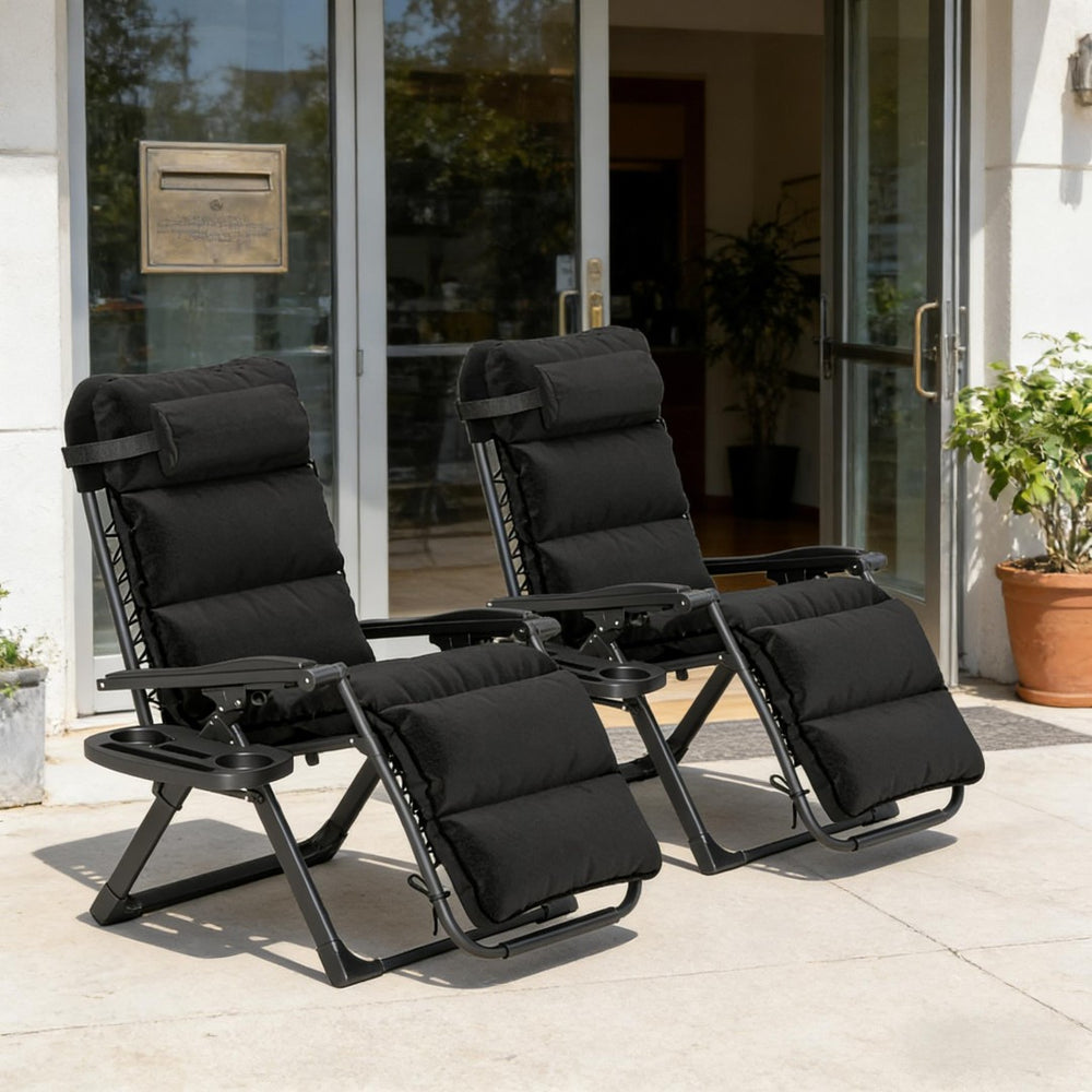 English Elm Reclining Folding Outdoor Lounge Chairs Set of Two with Cushions and Side Tray T3971P445296