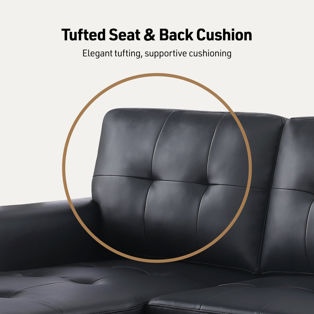 English Elm Lucca 84" Black Vegan Leather Reversible Sleeper Sectional with Storage Chaise, Pull-Out Bed Comfort B061S00936