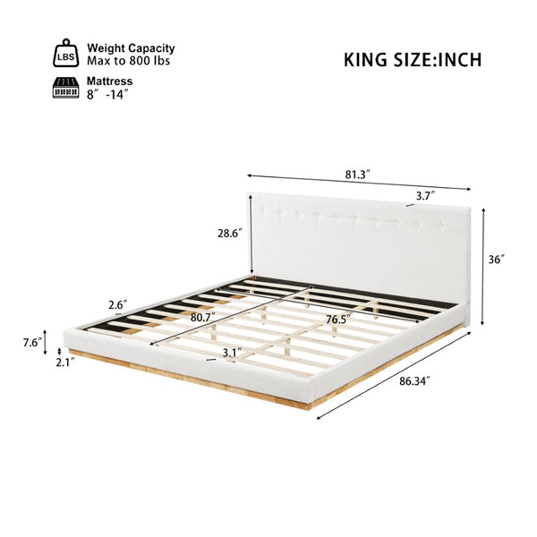 English Elm Solid Rubberwood King Platform Bed Tufted Upholstered Headboard Modern Bedroom Frame N769P387939W