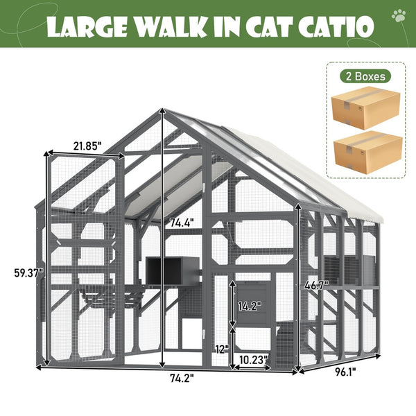 English Elm Large Walk-in Pine Catio Multi-cat Enclosure with Seven Platforms and Weatherproof Roof N704G201613E