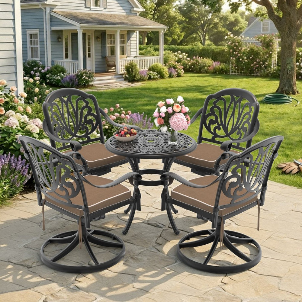 English Elm 5-piece Cast Aluminum Outdoor Dining Set with Swivel Chairs Ornate Patio Table W1710S00681
