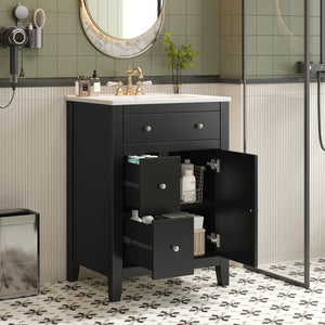 English Elm 24" Modern Bathroom Vanity with Ceramic Basin, French Country Cross-Grid Design & Soft-Close Drawers Black N710P280655B