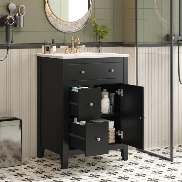 English Elm 24" Modern Bathroom Vanity with Ceramic Basin, French Country Cross-Grid Design & Soft-Close Drawers Black N710P280655B
