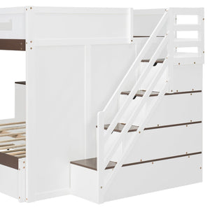 English Elm House-shaped Pine Bunk Bed with Built-in Slide Storage Staircase Twin Over Full Kids Frame White N820S00067K