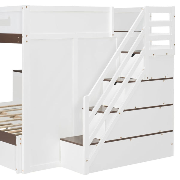 English Elm House-shaped Pine Bunk Bed with Built-in Slide Storage Staircase Twin Over Full Kids Frame White N820S00067K
