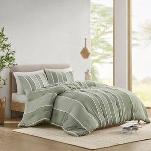 English Elm 3 Striped Cotton Comforter Set Full/Queen with Clip Jacquard Trim, Hypoallergenic OEKO-TEX Certified Bedding Sage 22.83 L x 22.05 W x 10.63 H B035P268142