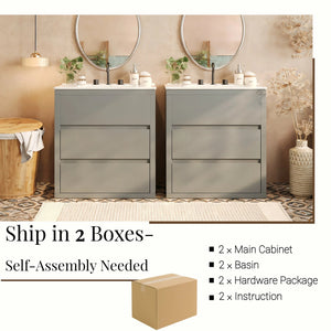 English Elm Christopher Knight Home® - 60" Double Sinks Bathroom Vanity Set with Two Ceramic Basins, Soft-Close Drawers, Sleek Handle-Free Design Gray N817P280550G