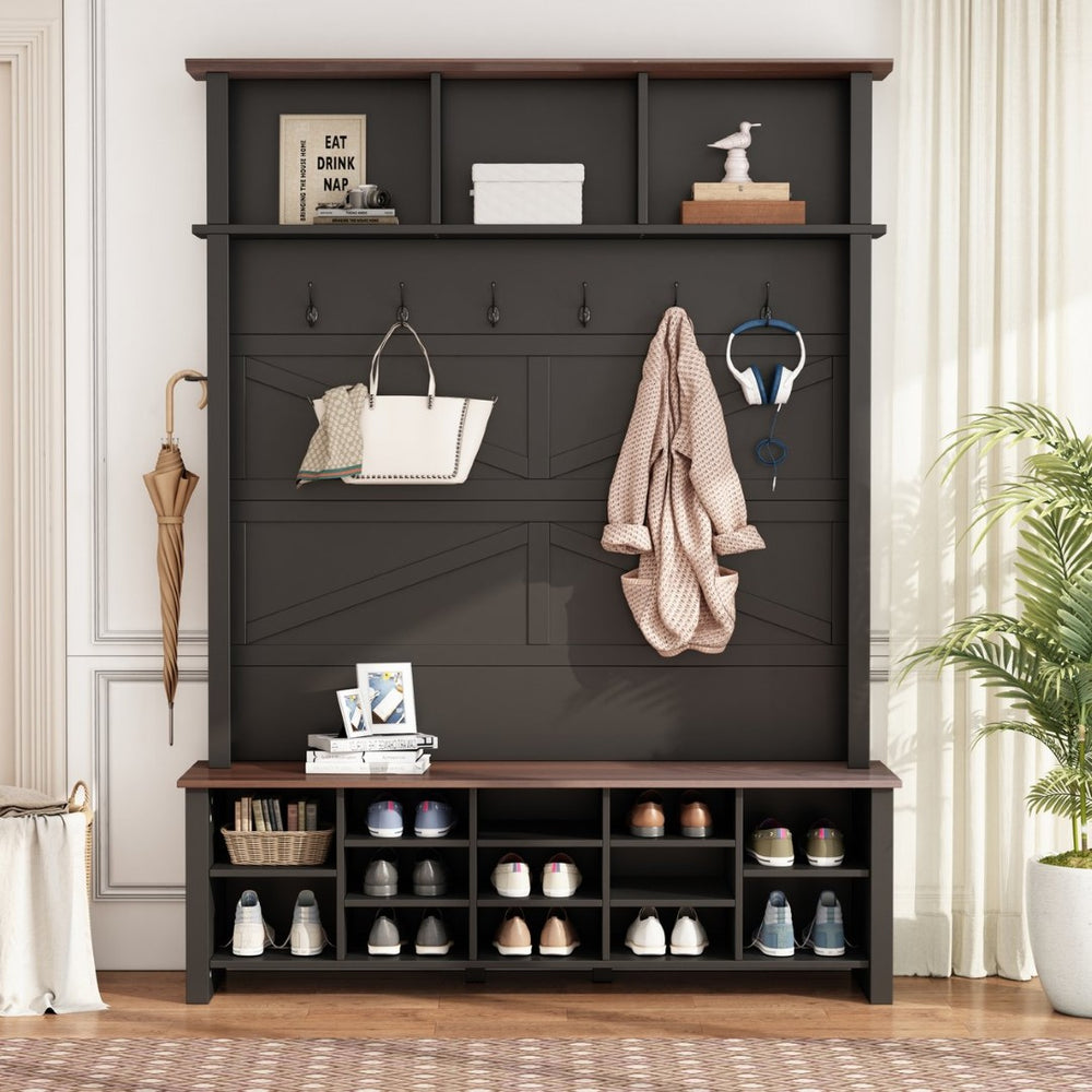 English Elm Farmhouse Hall Tree Entryway Organizer with Bench 16 Compartments and 6 Coat Hooks N721S000064B-1