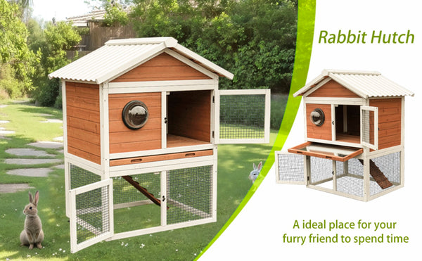 English Elm Premium Fir Wood Two Story Rabbit Hutch Weatherproof Outdoor Habitat with Run W1431P496484