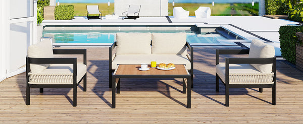 English Elm U_Style Outdoor Iron Rattan Sofa Set with Table — Rustproof, Waterproof, Cushioned Comfort for Garden Relaxation Beige WY000434AAA