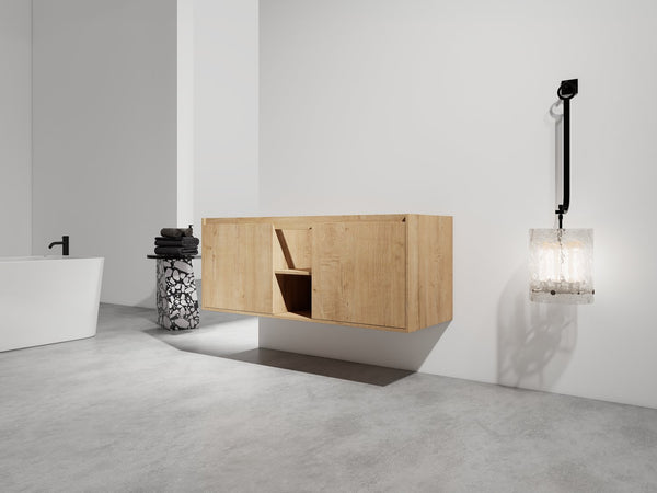 English Elm 48" Wall-Mounted Bathroom Vanity With Soft-Close Doors, Open Shelving & Ample Storage Space W999125010